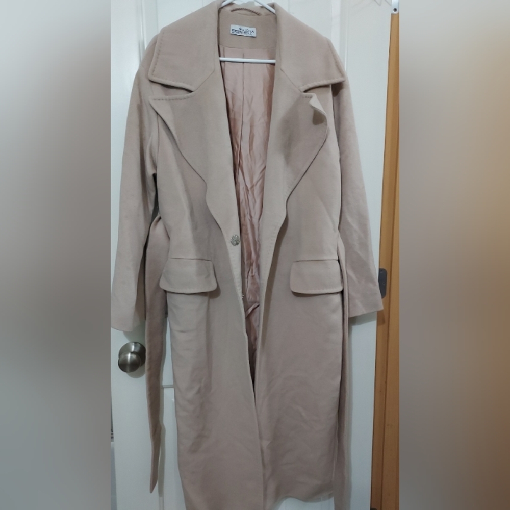 Women's Vintage Belted Wool Blend Beige Long Coat By Alena Dementiva Size XL